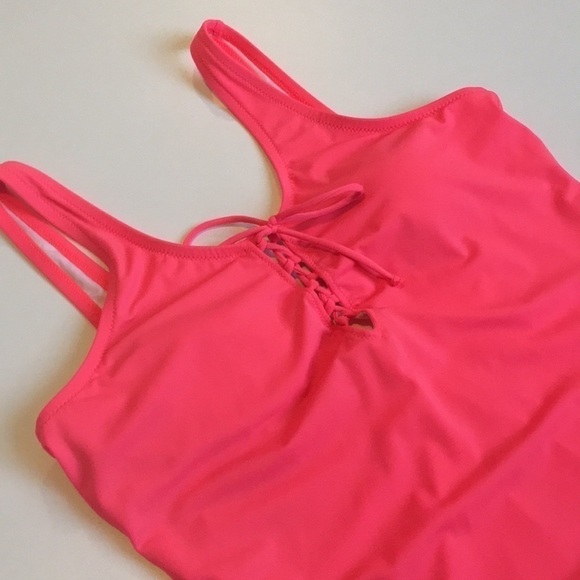 Neon Pink One Piece Swimsuit Cheeky VS Size Large Low Back Lattice Detail Barbie - Picture 4 of 9